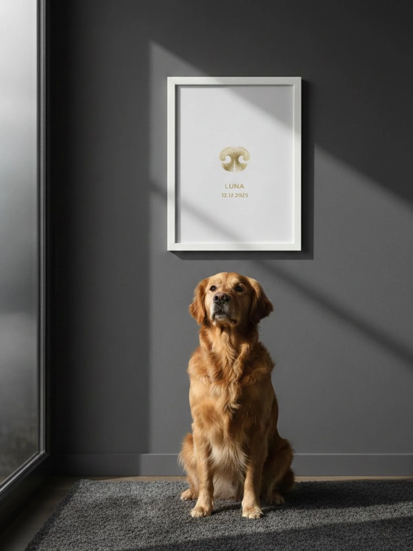 Gold foil pet nose print frame above a golden retriever